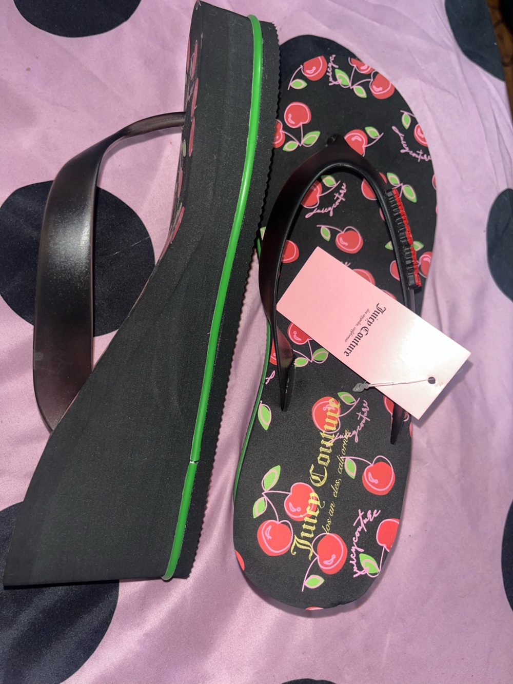 Juicy Couture Black Cherry Print Platform Sandals with Pink Accents ✅NEVER WORN✅